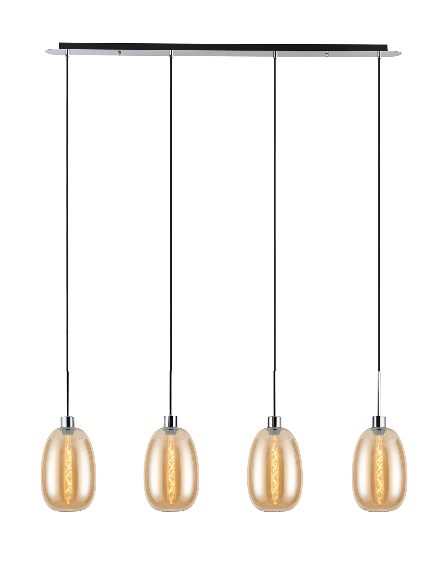 DK1315  Lori Linear Pendant, 4 Light Adjustable E27, Polished Chrome/Amber Slim Curved Trapezium Shades